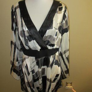 LANE BRYANT SILKY BLACK WHITE GREY SHEER TOP, TIE IN BACK WITH DEFECTS 14/16